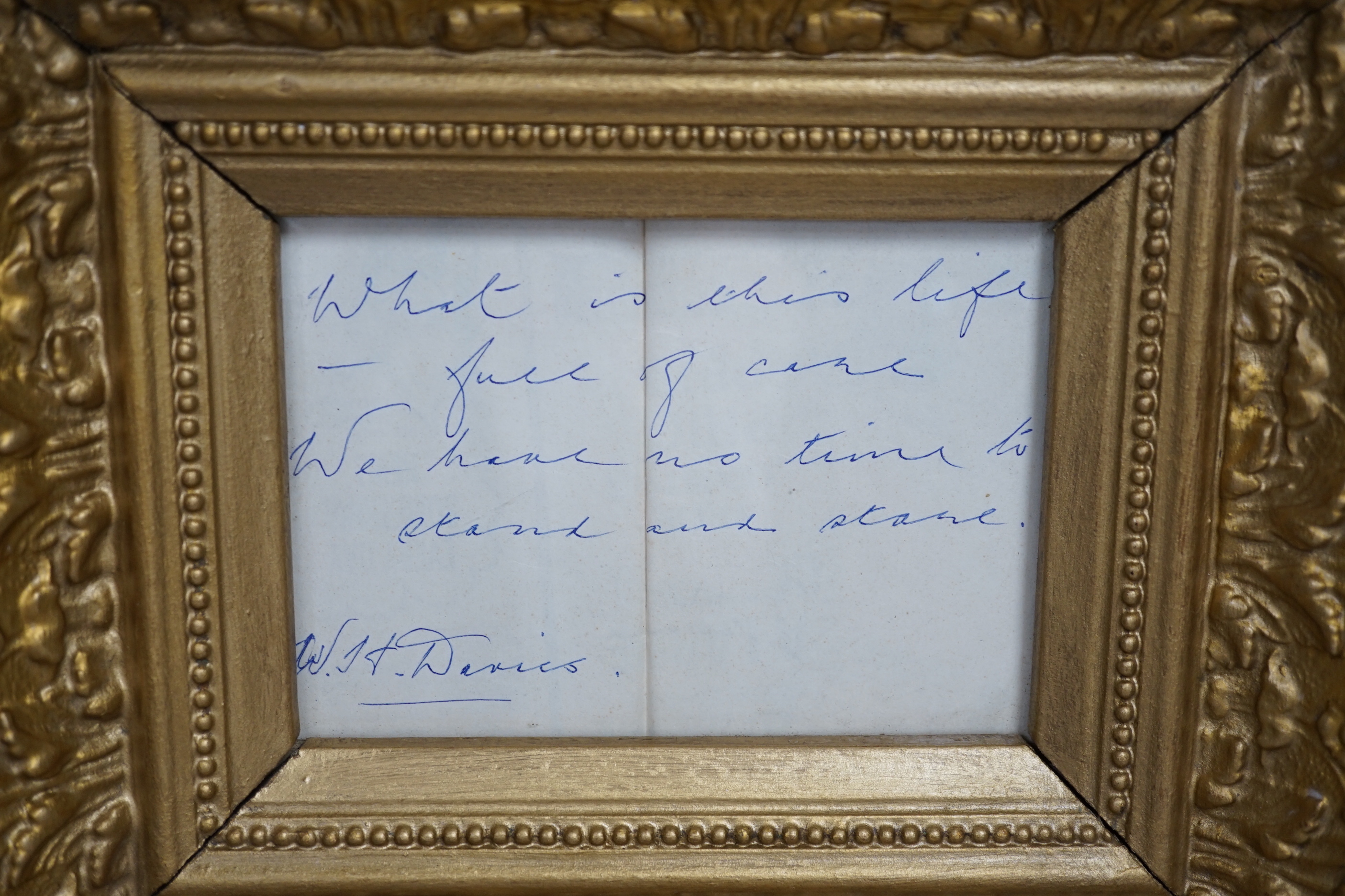 W.H. Davies, (Welsh poet), inscribed and signed verse, ornate gilt framed